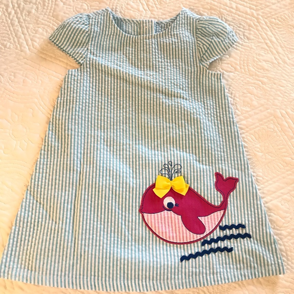 Blue and White Seersucker Whale Dress